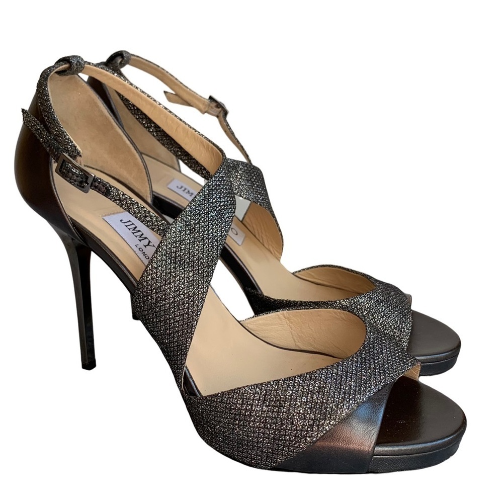 Jimmy Choo Tyne Asymmetrical Anthracite Silver Glitter Lamé Bridal Sandal Heels - Picture 3 of 15